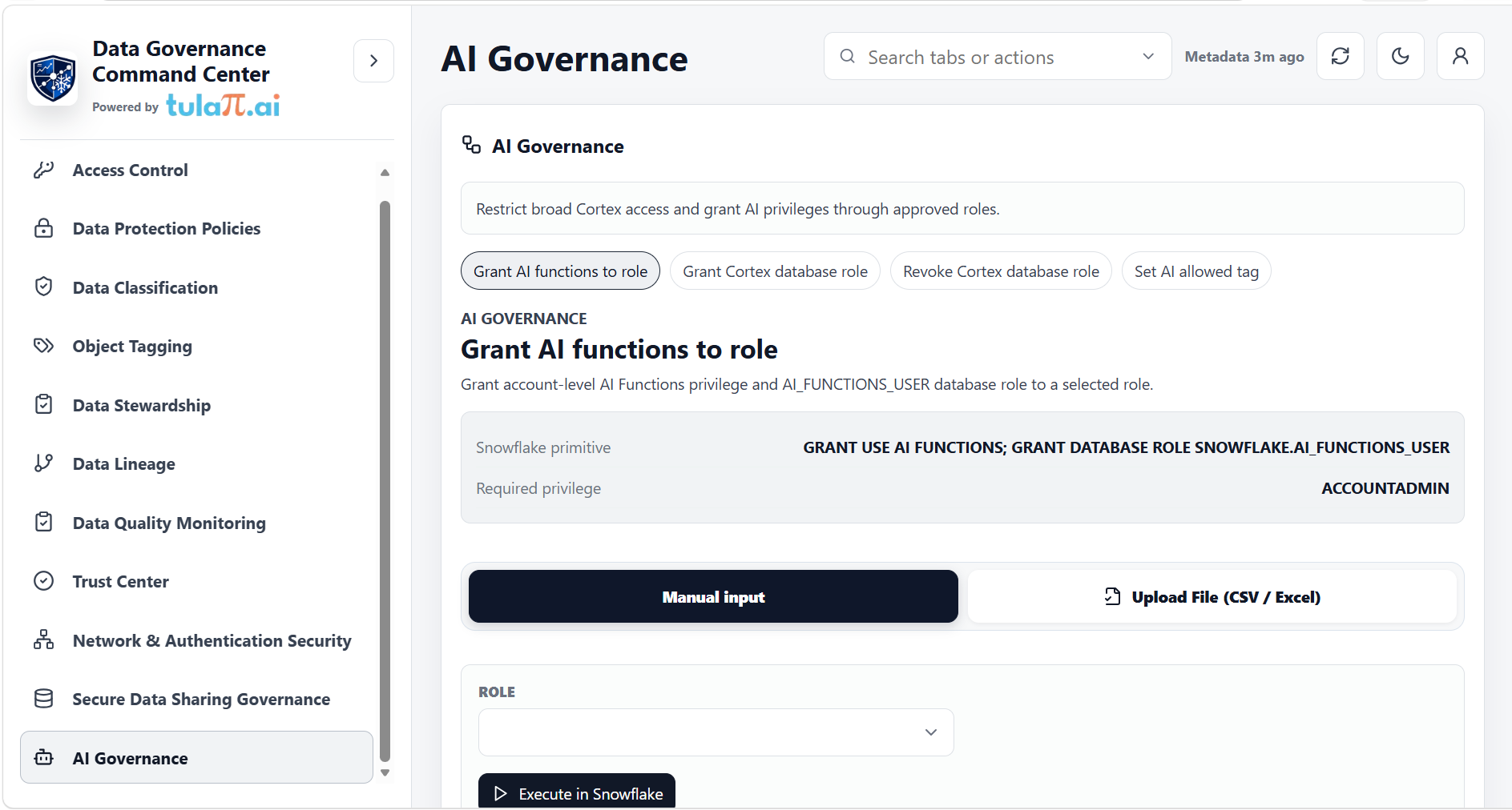 AI Governance workspace for Snowflake Cortex privileges