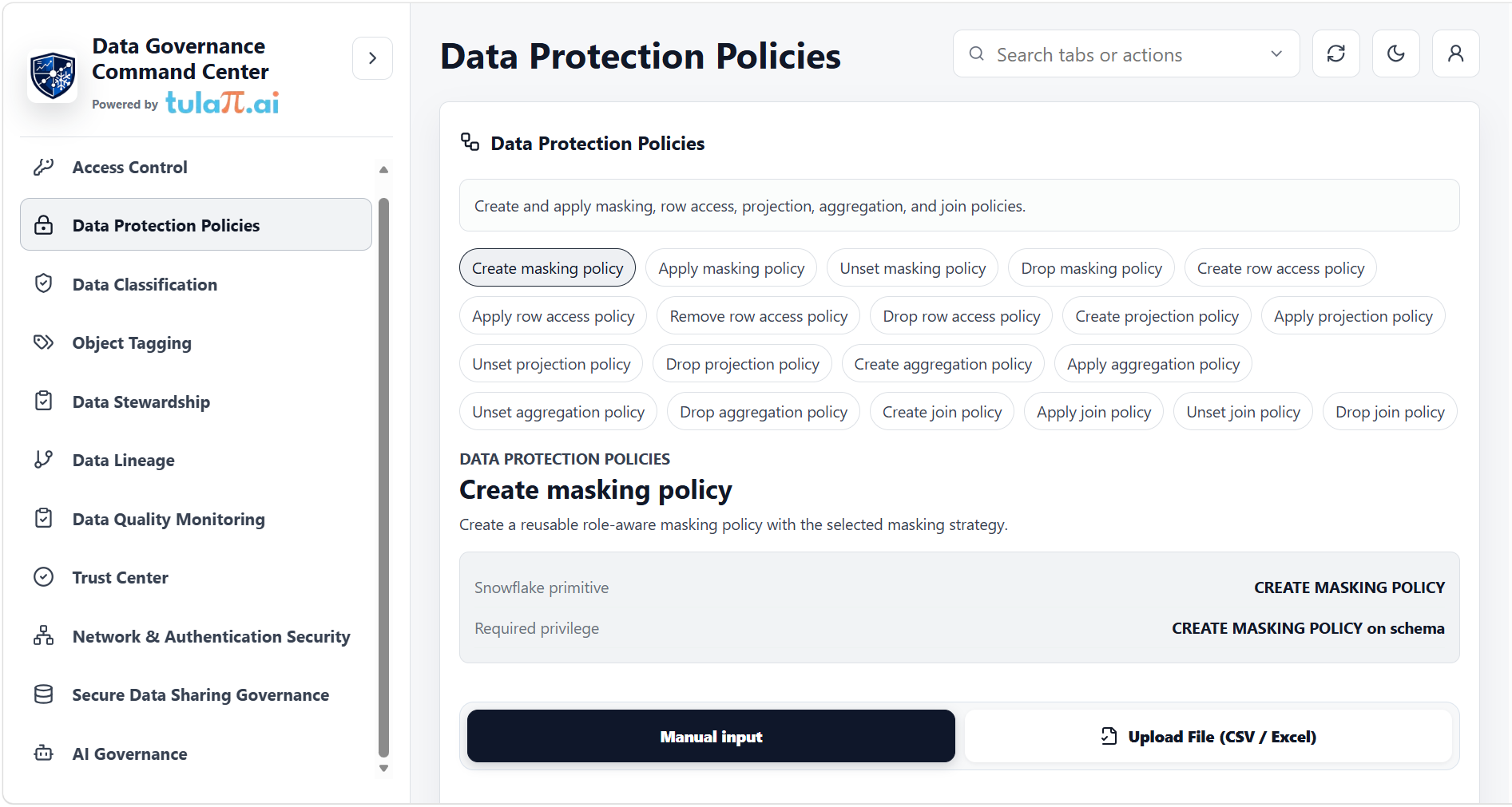 Data Protection Policies workspace showing Snowflake policy actions