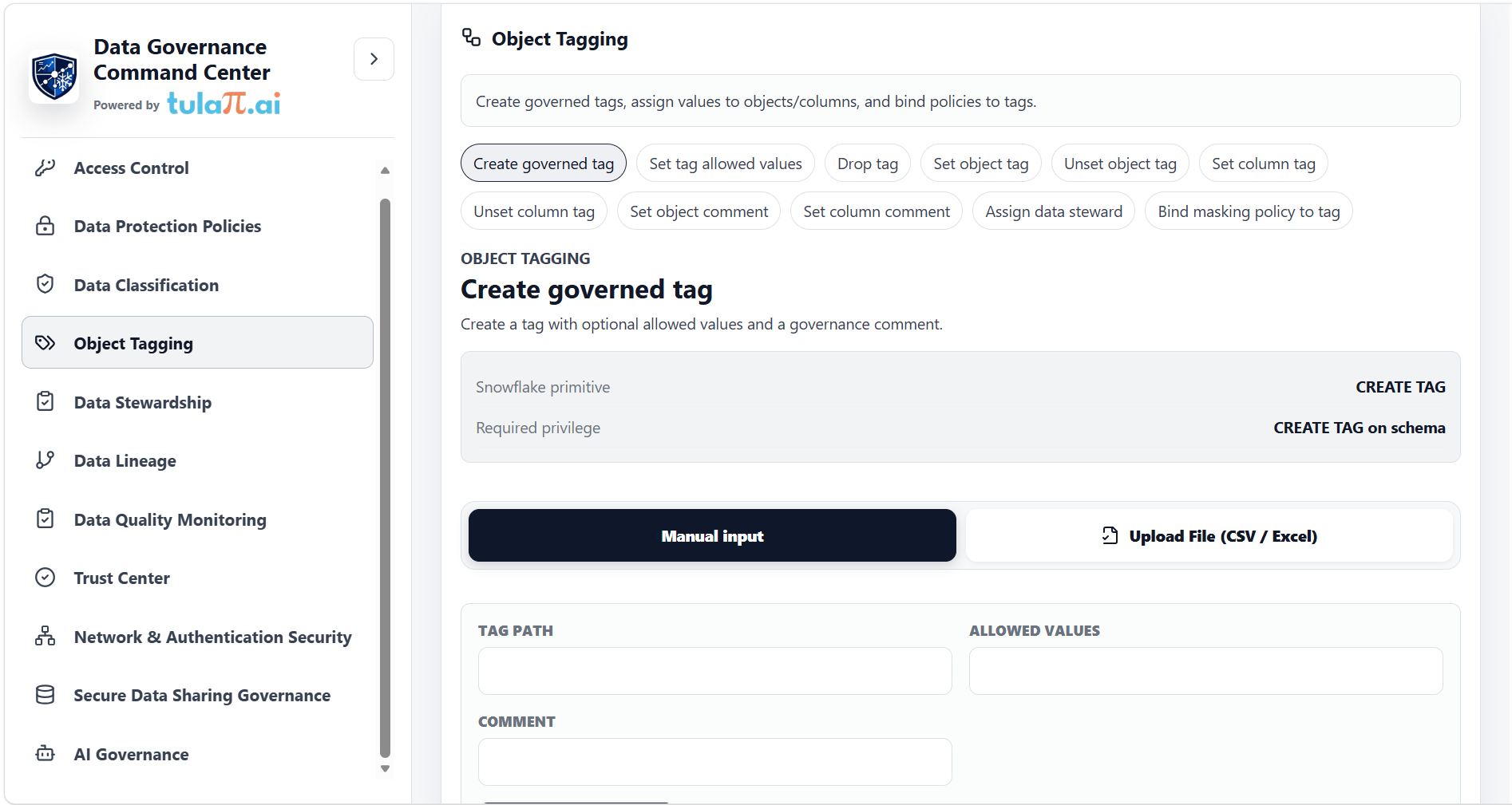 Object Tagging workspace for creating governed Snowflake tags