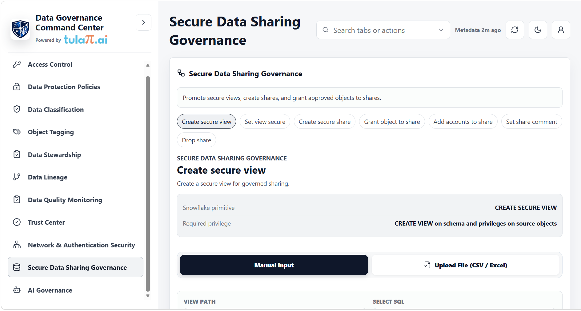 Secure Data Sharing Governance workspace